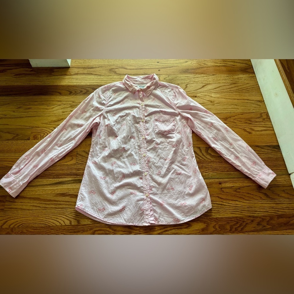 Old Navy Womens Pink with Bicycle Design Long Sleeve Cotton Button Up Small